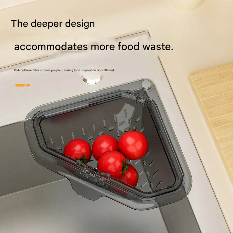 MCOIKY® Magnetic draining triangular kitchen sink filter for storing food scraps, leftovers, and kitchen waste.