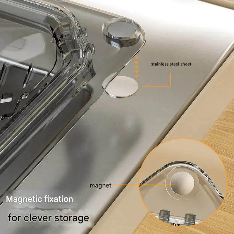 MCOIKY® Magnetic draining triangular kitchen sink filter for storing food scraps, leftovers, and kitchen waste.
