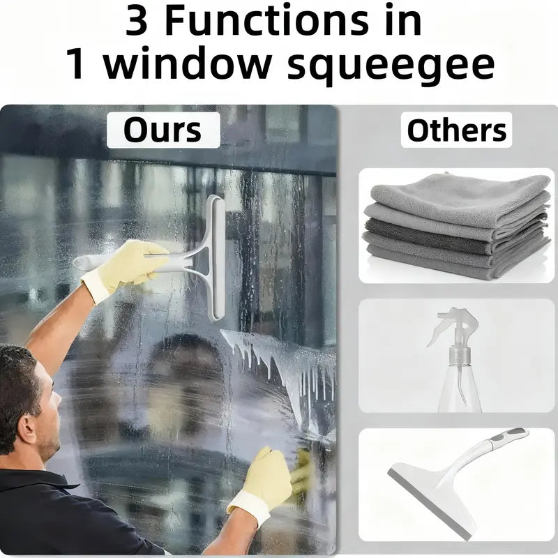 MCOIKY® 3 in 1 Window Cleaning Scraper, Squeegee and Scrubber with Spray